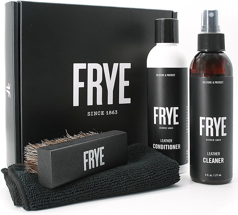Frye Leather Care Kit – 4 Piece Set with U.S.-Made Leather Cleaner & Conditioner – Brush, Cloth, and Gift Box – Leather Shoe 