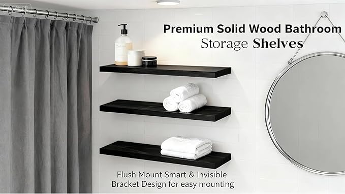 ROGMARS Black Wooden Floating Shelves for Wall 36 Inches Long,Rustic Solid Wood Farmhouse Wall Shelves with Invisible Bracket