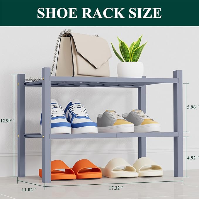 Smiry Shoe Rack, 2 Tier Thick Small Bamboo Shoe Organizer, Stackable Free Standing Wooden Shoe Storage Shelf for Closet, Entr
