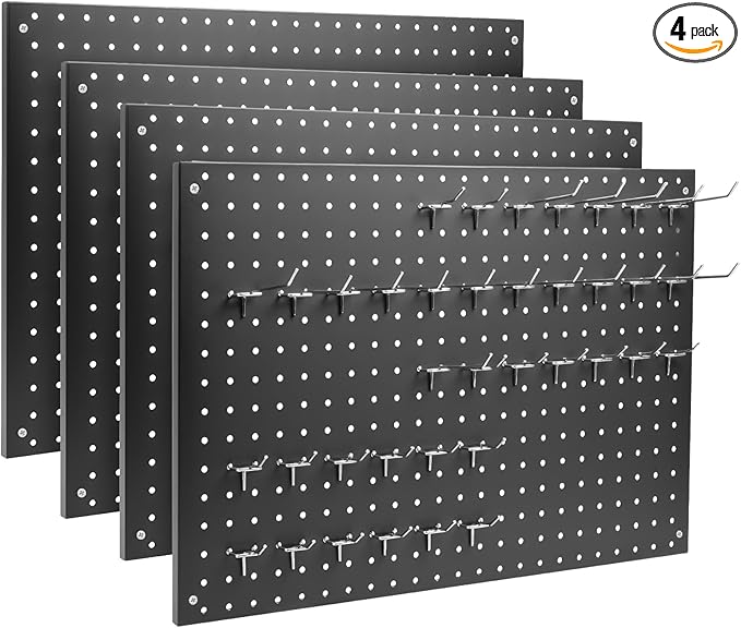 Peg Board, 4 Pack Metal Pegboard Panels Black Pegboards Wall Organizer with Frame Large Heavy Duty Peg Board with Hooks for W