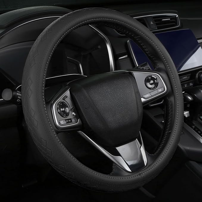 Cxtiy Genuine Leather Steering Wheel Cover, Premium Black Soft Perforated Breathable, Fits 15.5-16 Inch Wheels