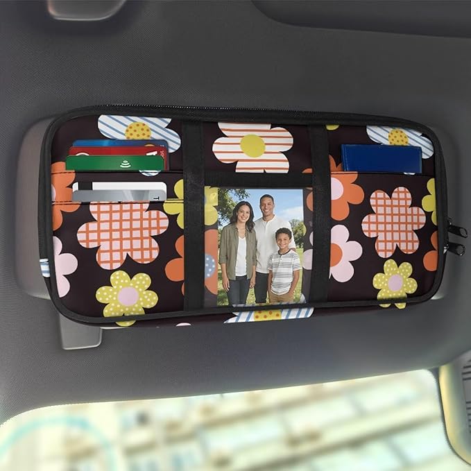 Car Sun Visor Organizer,Hippie Flower Theme Truck Visor Organizer Elastic Bands Organizes Essentials for Cards, Pens and Document