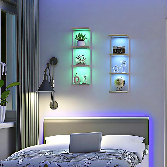 4 Tier RGB Wall Shelf-Gaming Shelf with Remote Control, Lack Shelves with Light for Bedroom | Easy to Install Cosmetic & Disp