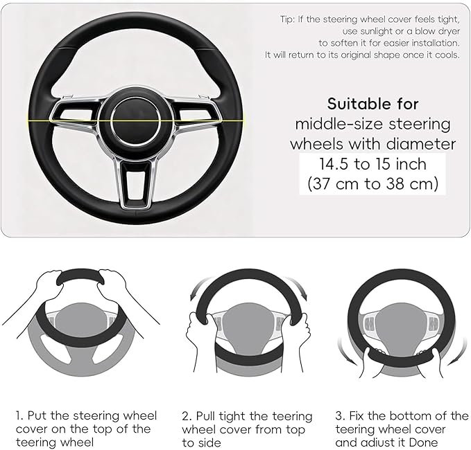 LABBYWAY Steering Wheel Cover, Universal Fit 15 Inch Microfiber Leather Car Wheel Protector, Anti-Slip, Black