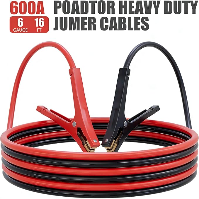 Jumper Cables for Car Battery, 6 Gauge 16 Feet 600AMP, Automotive BoosterCables for Jump Starting Dead or Weak Batteries with Carrying Bag Included