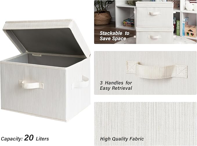 StorageWorks Fabric Storage Bins with Lid, Decorative Storage Boxes for Shelves, Stackable Closet Organizer Basket with Handl