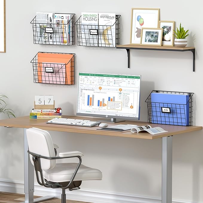 X-cosrack 4-Tier Hanging Wall File Holder Vertical Wall Mount Metal Wall File Organizer with Tag Slot Document Magazine Rack 