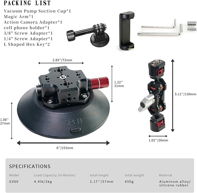 CNC Machined 6in Suction Cup Camera Mount with Ball Head Magic Arm, 1/4" ARRI Holes, Quick Release Car Mount with Phone Holder & Action Camera Adapter Compatible with DJI OSMO Pocket 3 Insta360 iPhon