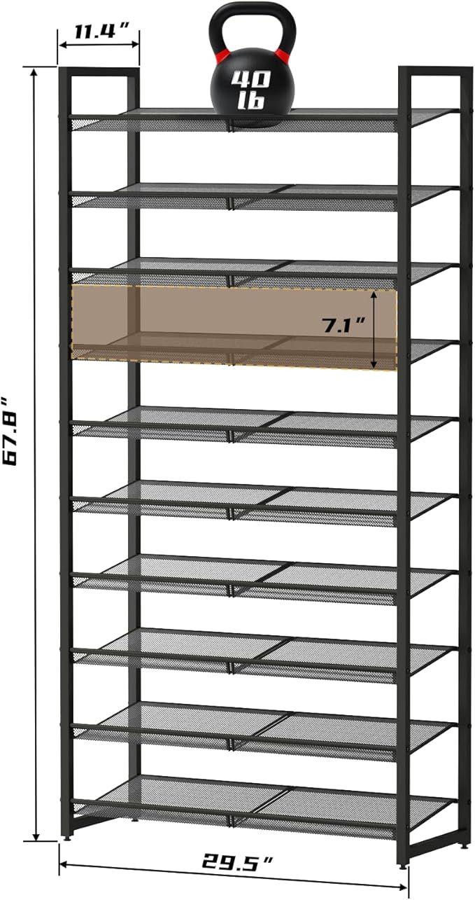 Shoe Rack, 10-Tier Metal Shoe Organizer, Tall Shoe Rack for Closet,entryway,Garage, with Adjustable Flat or Angled Shelves, 4