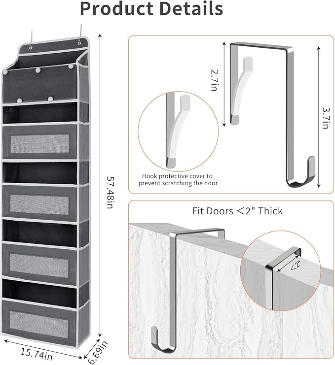 5-Tier Over the Door Storage Organizer with 5 Side Mesh Pockets, 40lbs Load Capacity with 2 Hooks, Behind Door Hanging Organi
