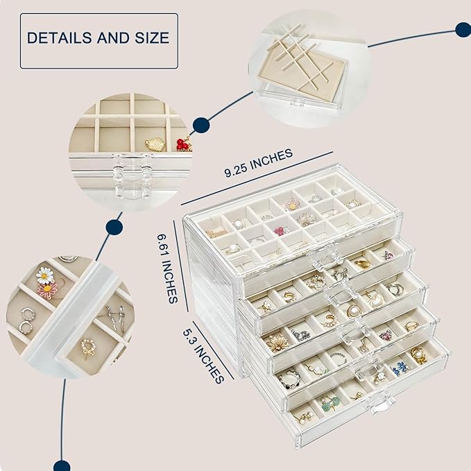 Acrylic Earring Holder Organizer with 5 Drawers Clear Earring Organizer Box with 90 Adjustable Grids Velvet Earring Display C