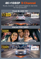 4K 3 Channel Dash Cam Front and Rear Inside, Dash Camera for Cars WDR Night Vision, 2 Inch IPS Screen WiFi App Control, 24H P