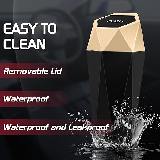 Car Trash Can with Lid, Mini Car Trash Cup with 30 Additional Trash Bags, Car Accessories for Interior, Leakproof Vehicle Garbage Bin for Car, Home, Office - 2 Packs, Gold