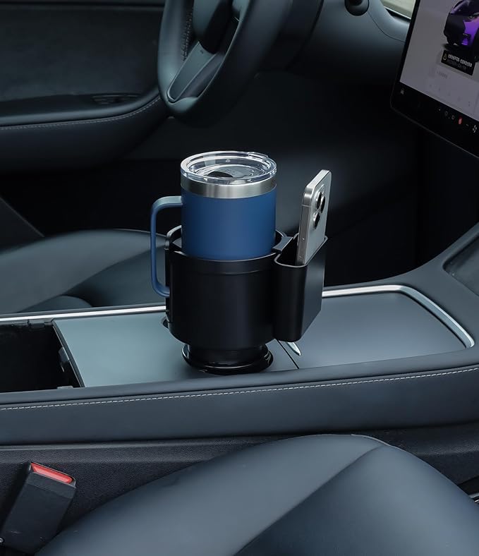 Seven Sparta Cup Holder Expander with Phone Holder & Cable Access, 3-in-1 Car Organizer, Side Storage Box for Phone/Cards, Co