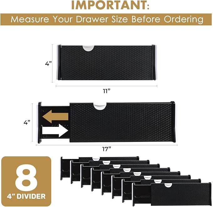 RAPTUROUS Adjustable Drawer Dividers 8 Pack, 4” High, 11-17” Long, Dresser Drawer Organizer for Bedroom, Closet, Kitchen, Nur
