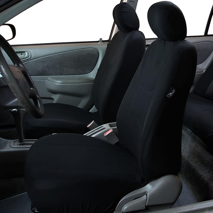 FH Group Car Seat Covers Flat Cloth Automotive Black Full Set, Rear Solid Bench Universal Fit Combo Steering Wheel Cover & Seat Belt Pads Car Seat Protector for Cars Trucks SUV Interior Accessories