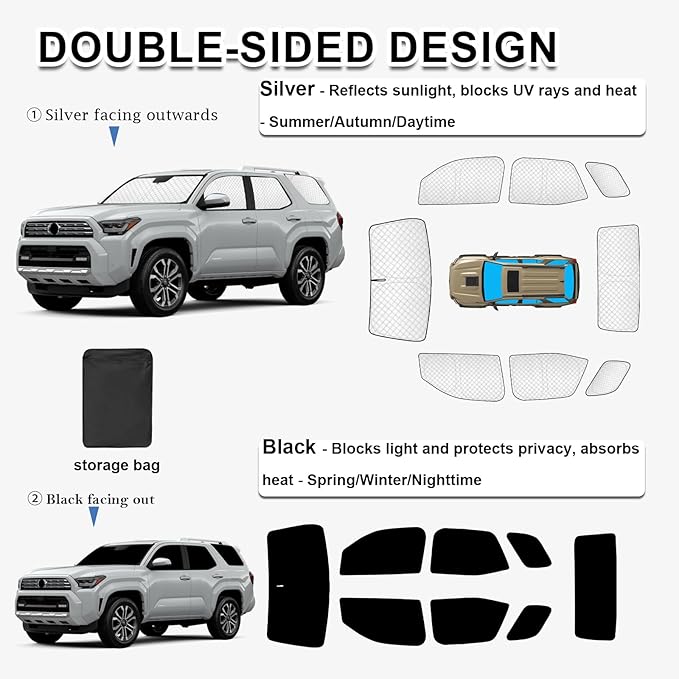 KMF Thicken Sun Shade Custom Fit for Toyota 4Runner 2025 2026 Accessories,4Runner Sunshade for Windshield Side Rear Car Window Covers UV Block and Blackout Protect Privacy for Camping Outdoor 8pcs