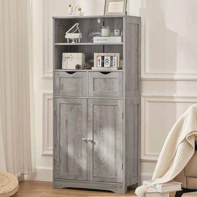 Iwell Storage Cabinet with 2 Drawers & Adjustable Shelf, Tall Bathroom Cabinet with Doors, Cupboard, Kitchen Cabinets for Liv