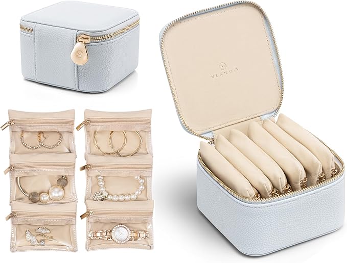 VLANDO Travel Jewelry Box Organizer – Portable PU Leather Jewelry Case with 6/8/12 Zippered Pouches, Compact Storage for Earr