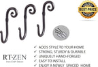 RTZEN Wall Mount Hook Set - Wrought Iron Decorative Rustic Metal Coat Hooks for Hanging - Handcrafted Classic Farmhouse Wall 
