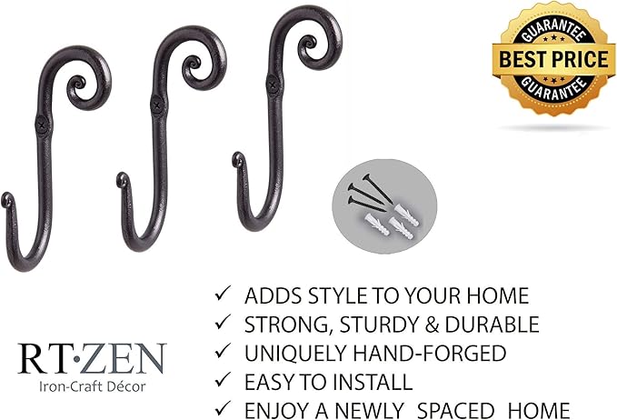 RTZEN Wall Mount Hook Set - Wrought Iron Decorative Rustic Metal Coat Hooks for Hanging - Handcrafted Classic Farmhouse Wall 