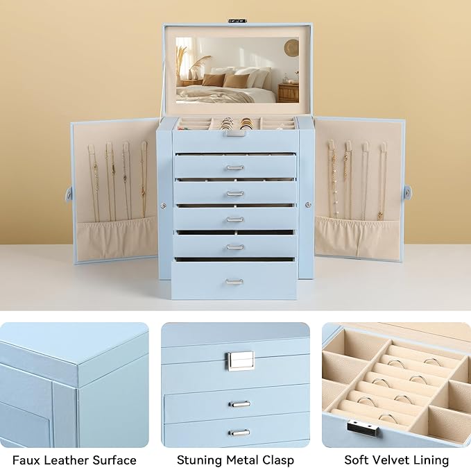 Frebeauty Large Jewelry Box,6-Tier PU Leather Jewelry Organizer,Multi-functional Storage Case with Mirror,Accessories Holder 