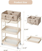 Fortella Baby Diaper Caddy, 3 Tier Rolling Storage Cart for Baby Essentials, Diaper Cart with Detachable Dividers, Storage & 