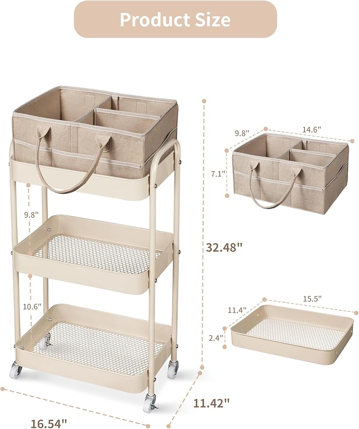 Fortella Baby Diaper Caddy, 3 Tier Rolling Storage Cart for Baby Essentials, Diaper Cart with Detachable Dividers, Storage & 