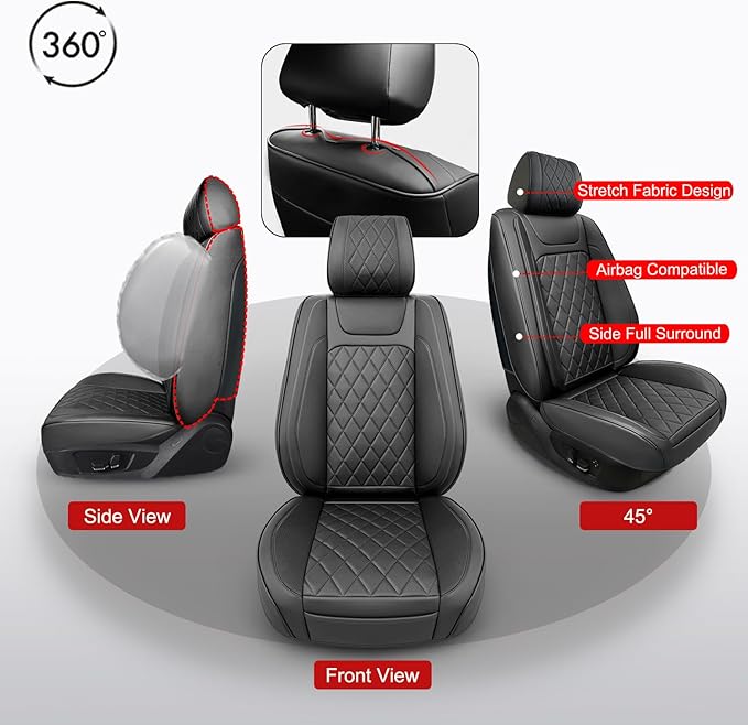 2 Pack Leather Front Car Seat Covers,Universal Breathable Full Surround Leather Car Seat Cover Protector,Split Waterproof Lux