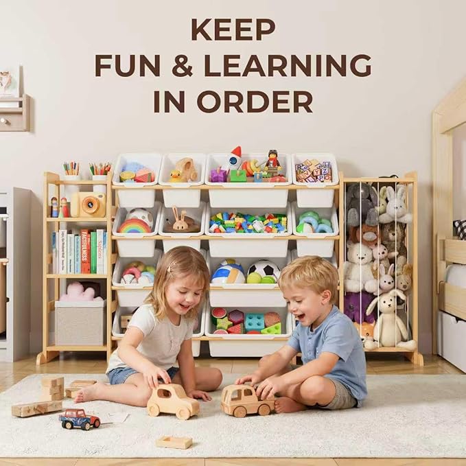 Storage Organizer with Bookshelf and Stuffed Animal Storage - Playroom Organization with Shelves and 12 Bins - Living Room Bo