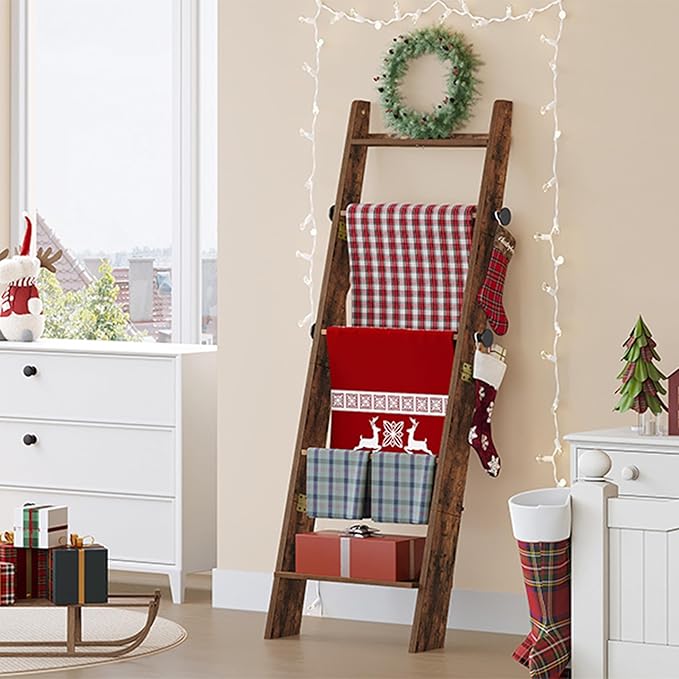 Hzuaneri Blanket Ladder for Living Room, Decorative Quilt Rack with 4 Removable Hooks, 5-Tier Blanket Ladder Shelf for Bedroo