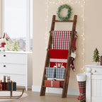 Hzuaneri Blanket Ladder for Living Room, Decorative Quilt Rack with 4 Removable Hooks, 5-Tier Blanket Ladder Shelf for Bedroo