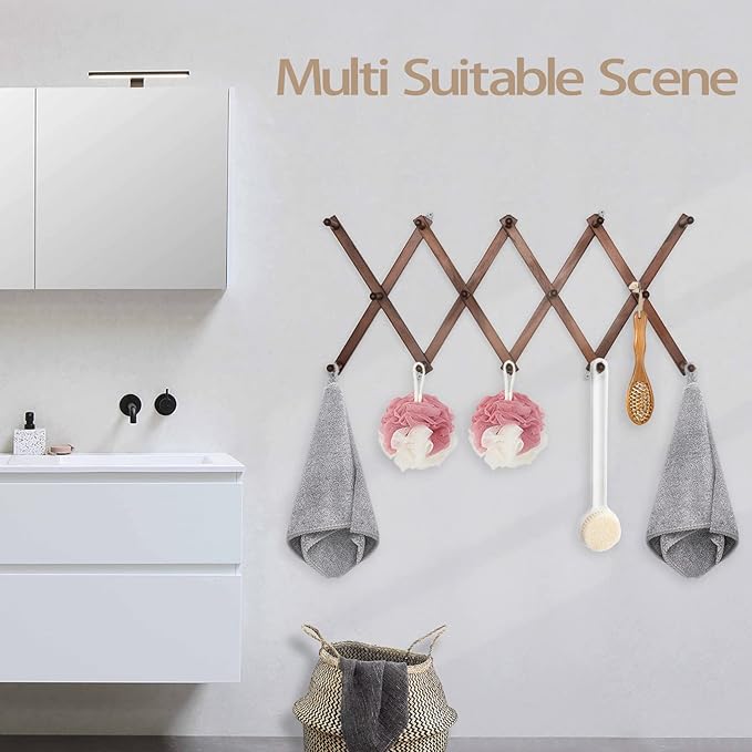 SCUNDA 16 inch High Accordion Wall Hanger with 14 Hooks, Wooden Wall Expandable Coat Rack for Coat, Hats, Baseball Caps, Coff