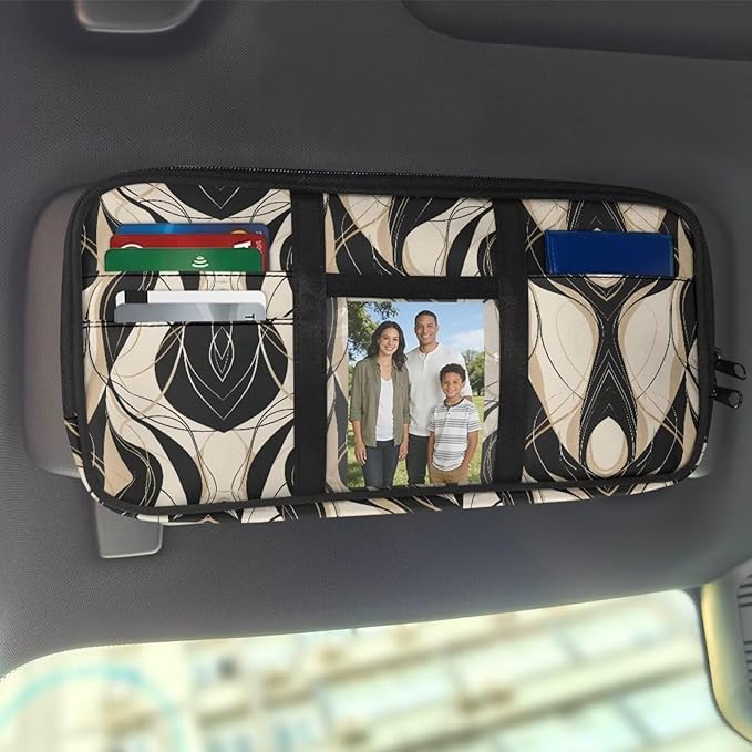 Geometric Zippered Sun Visor Organizer Clip on with Picture Holder Velcro Closure Storage Pouch with Adjustable Straps and Multi-Pocket Easy Installation Universal Fit for Most Cars SUV