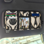 Geometric Zippered Sun Visor Organizer Clip on with Picture Holder Velcro Closure Storage Pouch with Adjustable Straps and Multi-Pocket Easy Installation Universal Fit for Most Cars SUV