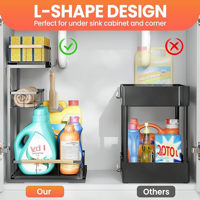 Under Sink Organizer and Storage for Bathroom and Kitchen - 1 Pack 3 Tier Under Cabinet Pull Out Shelf Organizers - Slide Out