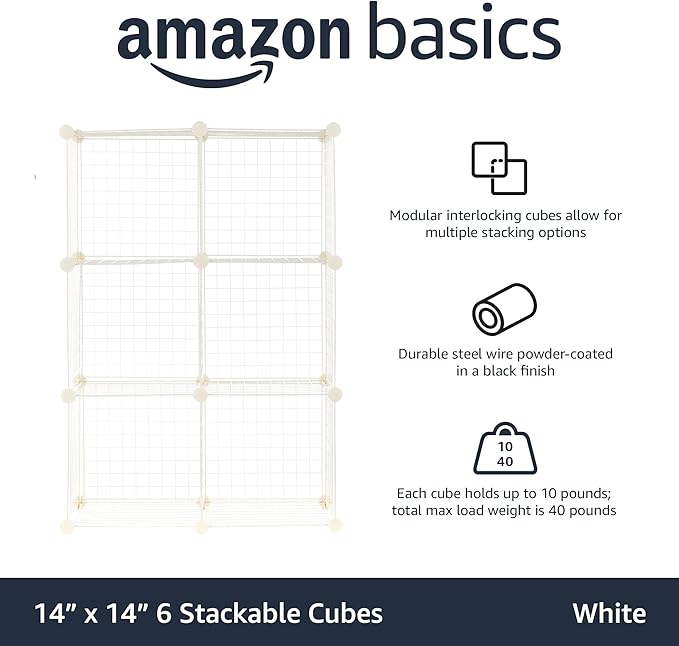 Amazon Basics 6 Cube Wire Grid Storage Organizer, Stackable Storage Cubes, Modular Closet Organizer Shelves, 14.6" D x 30.3" 