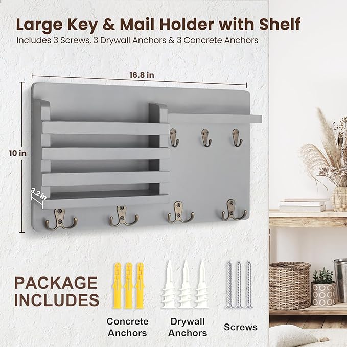 Nekon Mail Holder for Wall Mail Organizer with Key Hooks Hallway Farmhouse Decor Storage Racks with Floating Shelf and Flush 