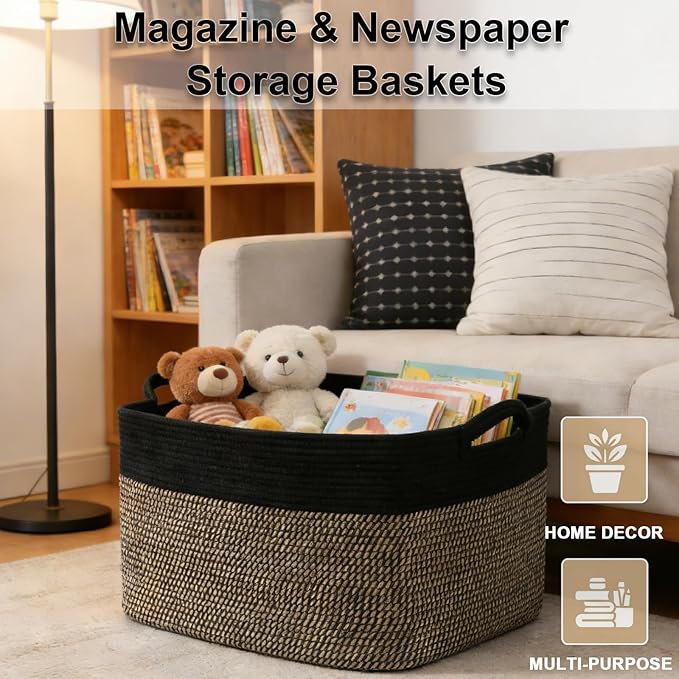 96L Large Blanket Basket,24"x16"x15"Rectangle Storage Bin with Handles,Woven Rope Laundry Basket for Toys, Clothes,Magazines,