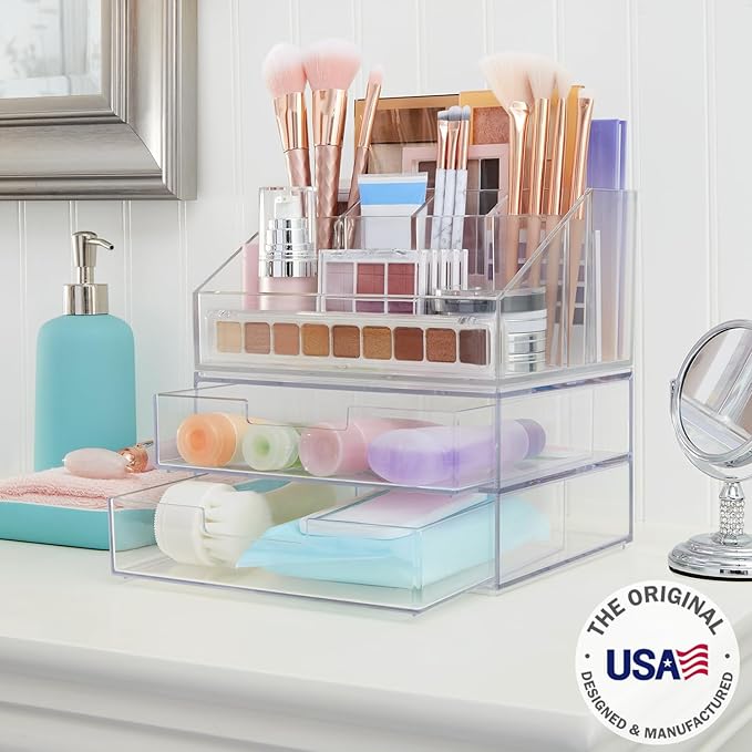 STORi Chloe Stackable Makeup Holder & Drawer Organizer Set, Clear, BPA-Free Plastic, Made in USA, Organize Brushes, Cosmetics