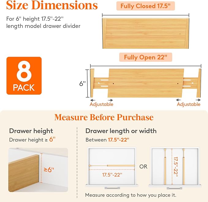 Lifewit 6" High 8 Pack Bamboo Drawer Dividers 45-55cm/17.5-22" Adjustable Wooden Drawer Organizer for Clothes/Utensils, Expan