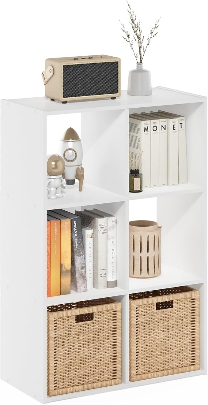 Furinno PELLI Book Shelf, 6 Cube Bookshelf with Open Back & Closed Back Cubes, 3 x 2 Storage Organizer Cabinet, 11.6 x 24.2 x