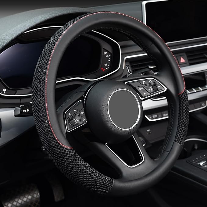 KAFEEK 15 inch Steering Wheel Cover, Cooling Ice Silk Mesh with Microfiber Leather, Ultra Breathable, Anti Slip Car Grip, Hea