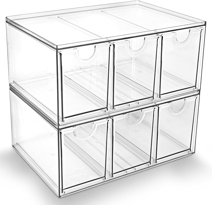 Prsildan Acrylic Makeup Organizer, 2 Pack Stackable Storage Drawers with 6 Drawers for Office Desk Vanity Craft Room Clear Dr