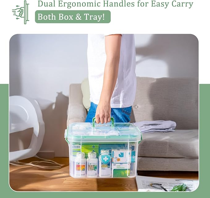ANYPROLUS 2 Pack Clear Medicine Organizer Box with Handle, Plastic Medicine Container with Tray First Aid Box Empty, Thickene