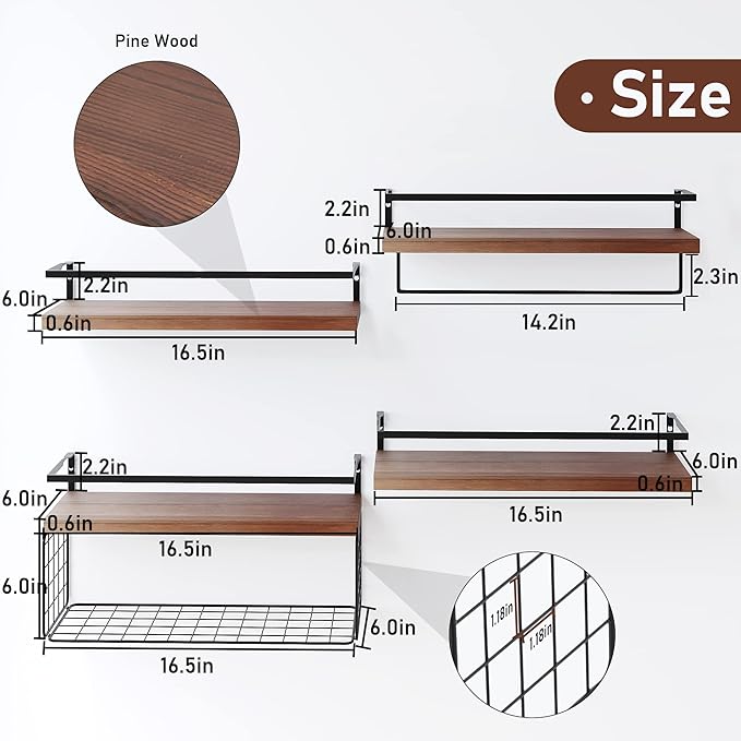 Bathroom Floating Shelves Wall Mounted - 4+1 Tier Rustic Wooden Bathroom Wall Shelves Over Toilet with Wire Storage Basket&To