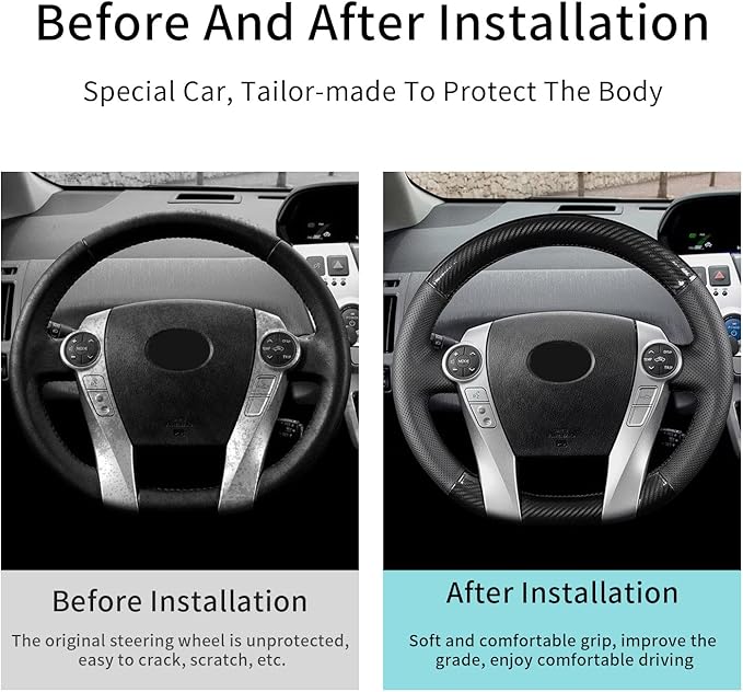 Hand-Stitch Steering Wheel Cover with Microfiber Leather & Carbon Fiber Leather Fit for Toyota Prius V 2012 2015/Prius C 2012 2015 2017/Prius 2010 2012/Prius Plus Prius Plug-in Hybrid 2013