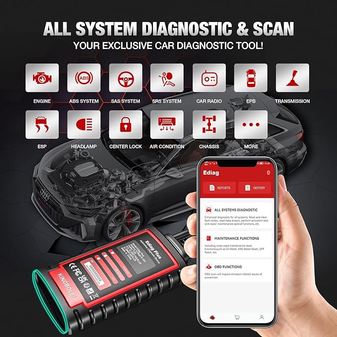 KINGBOLEN Ediag Plus Bluetooth Scanner, All System Bidirectional Test OBD2 Diagnostic Scanner for iOS & Android with CANFD