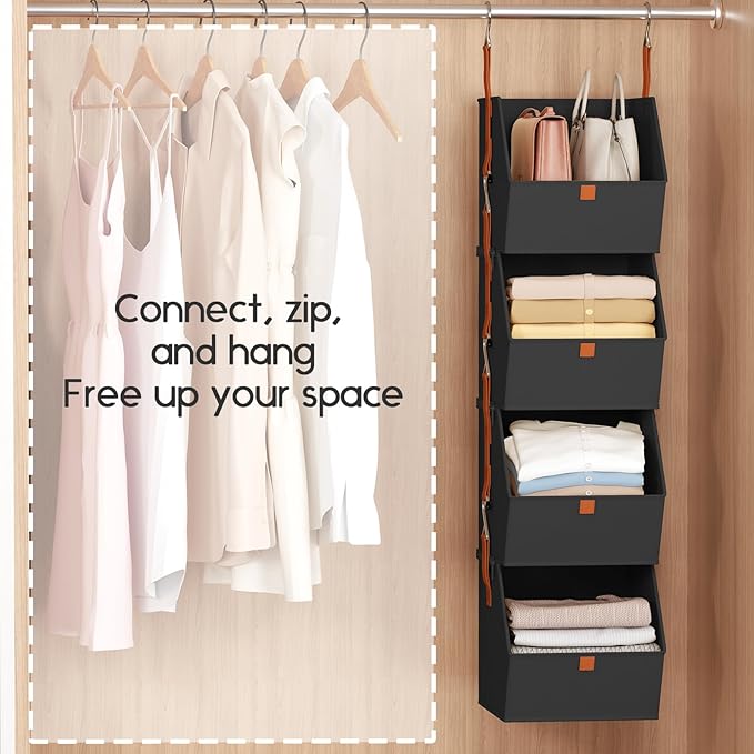 Homsorout Hanging Closet Organizer 4 Tier - Clothes Hanging Shelves, Space-Saving Closet System, Fabric Storage Bins Bedroom 
