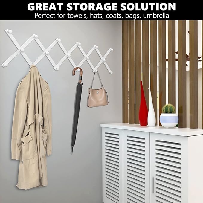 Amber Home Wood Accordion Wall Rack 17 Hooks (Pegs), Expandable Wall Mounted Hanger for Coat, Hat, Scarf, Coffee Mugs, X Shap
